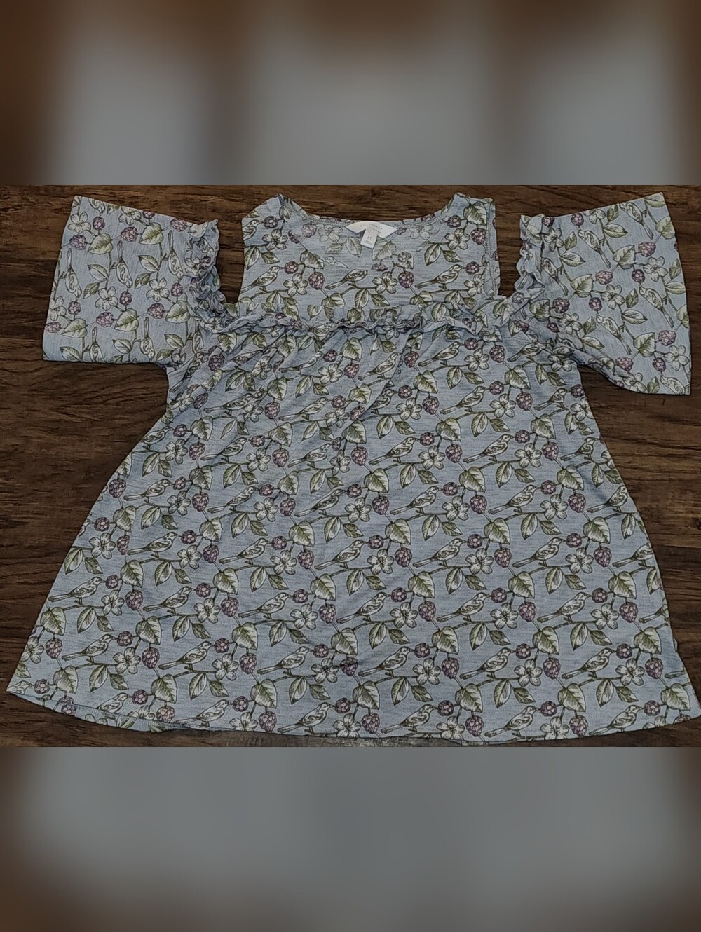LC Lauren Conrad Light Blue Floral Cold-Shoulder Top with Birds & Green Leaves